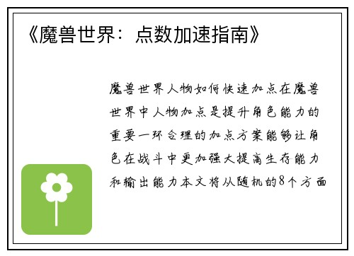《魔兽世界：点数加速指南》